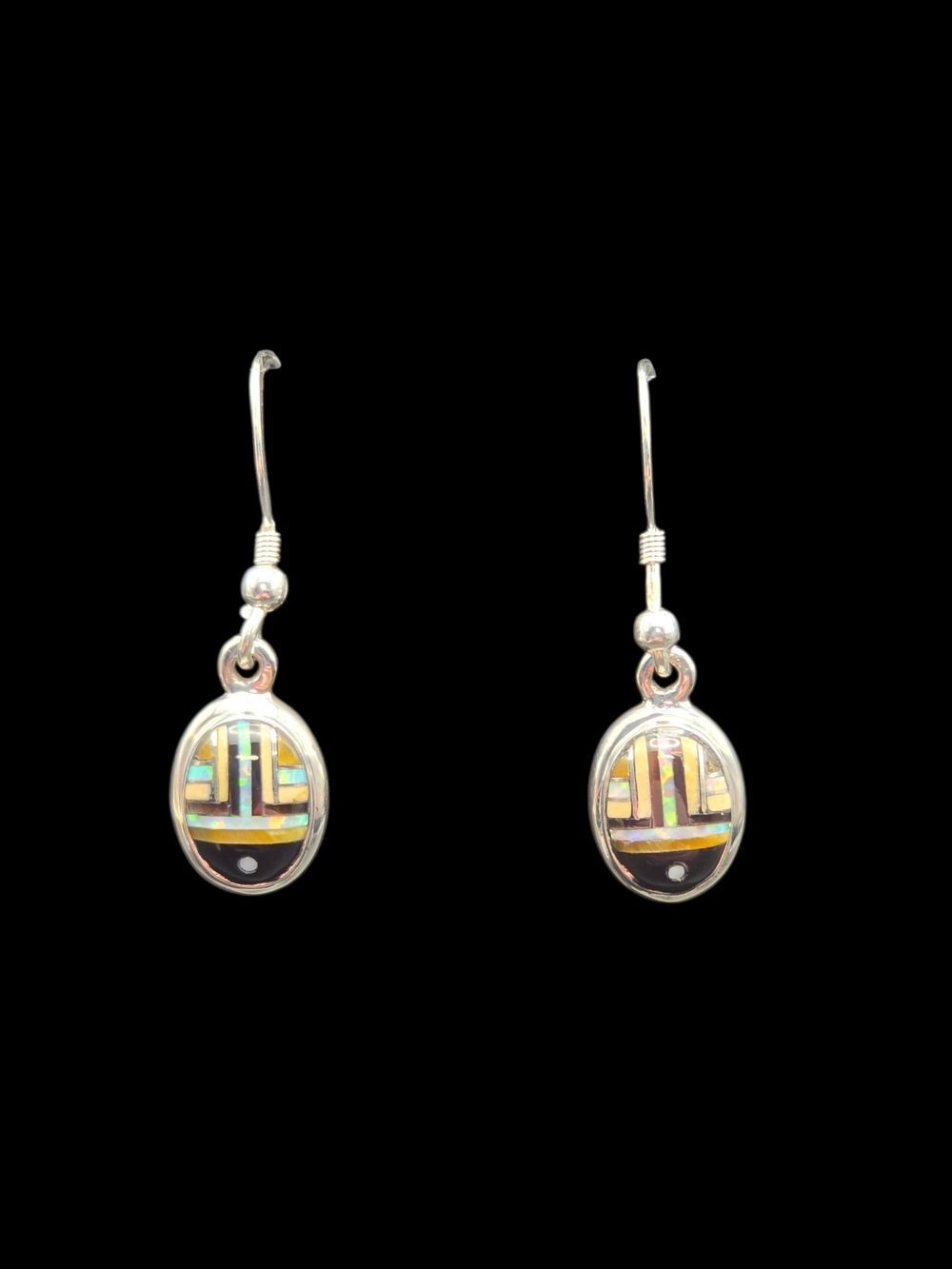 Sterling Silver Opal Onyx Jasper Inlay Oval Drop Earrings Southwestern Style